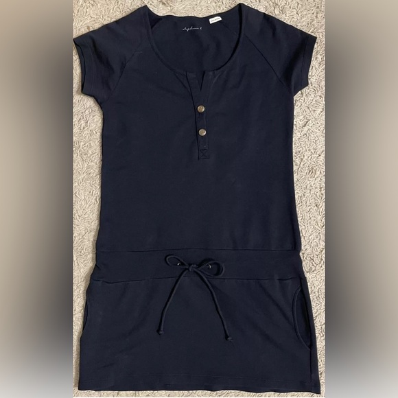 STEPHANIE B navy blue short sleeve mid thigh stretchy dress small S 4 6 - Picture 1 of 4